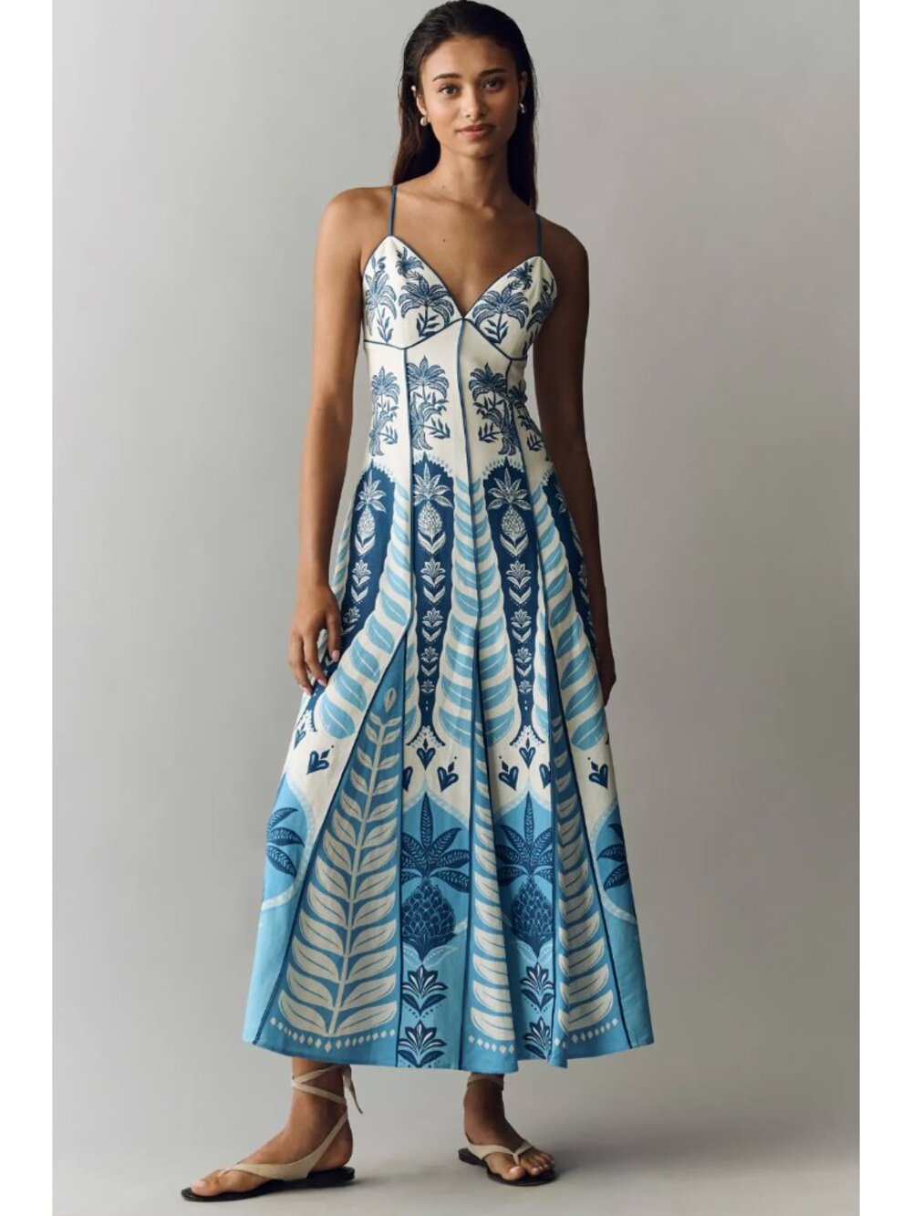 FARM Rio Ivory White Blue Floral Print Linen V-neck Sleeveless A-line Maxi Dress
